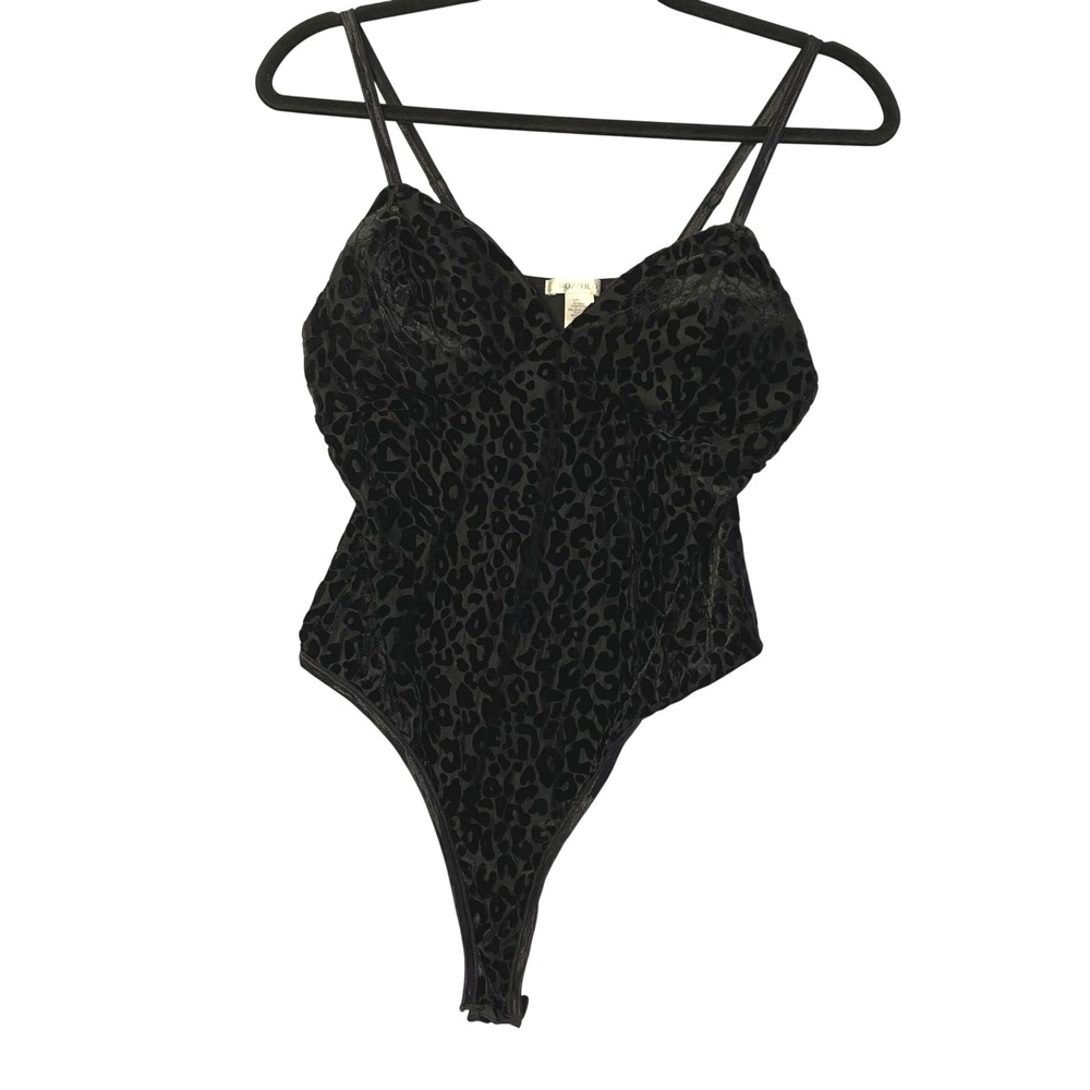 Bozzolo Bodysuit Women Large Black Velvet Leopard Mesh onesie‎